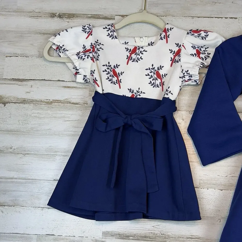Vintage Handmade Girls Navy Coat & Bird‑Print Dress Set